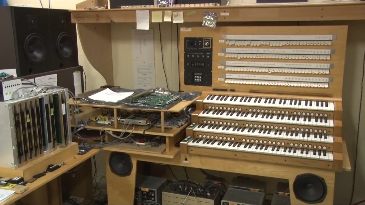 An Allen organ on the factory service bench